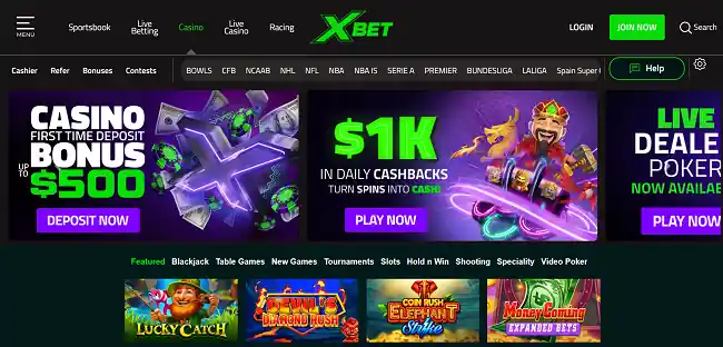 XBet Casino offers casino gaming, sports betting, live dealer titles, and a racebook