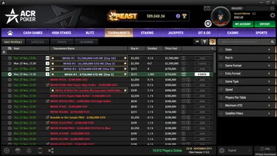 Tournament Lobby at ACR Poker