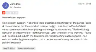 Trustpilot user “John Doe” experienced buggy software at Coin Poker